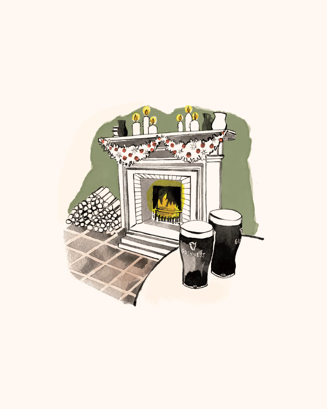 Illustration of roaring fireplace decorated for Christmas next to table with two Guinness pints