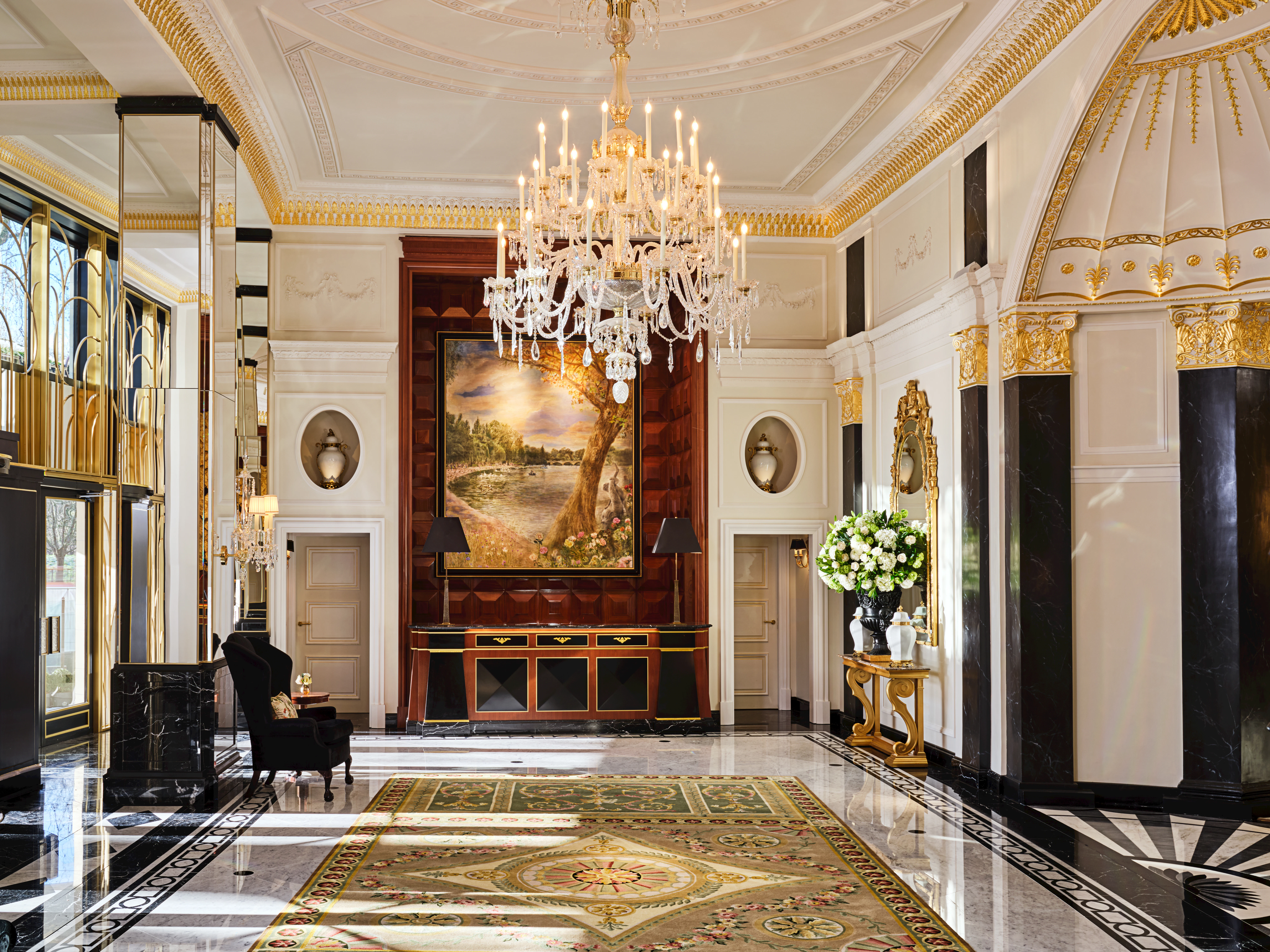 Morning light in The Dorchester's black and white marble lobby.