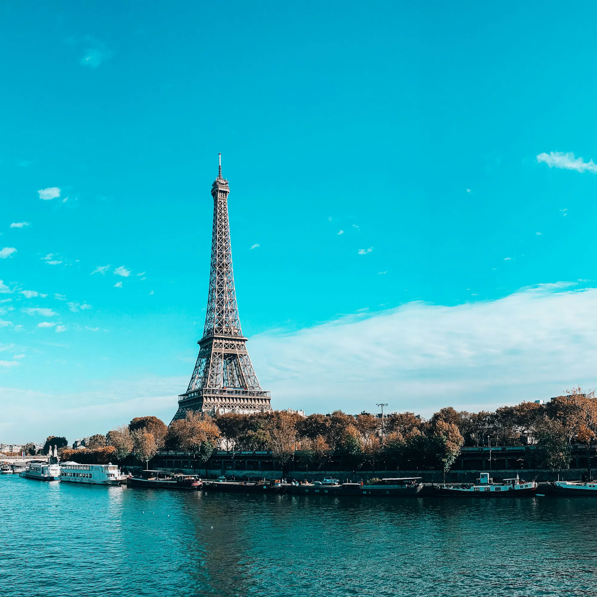 The Eiffel Tower rising above autumn trees, seen across the Seine lined with moored barges.