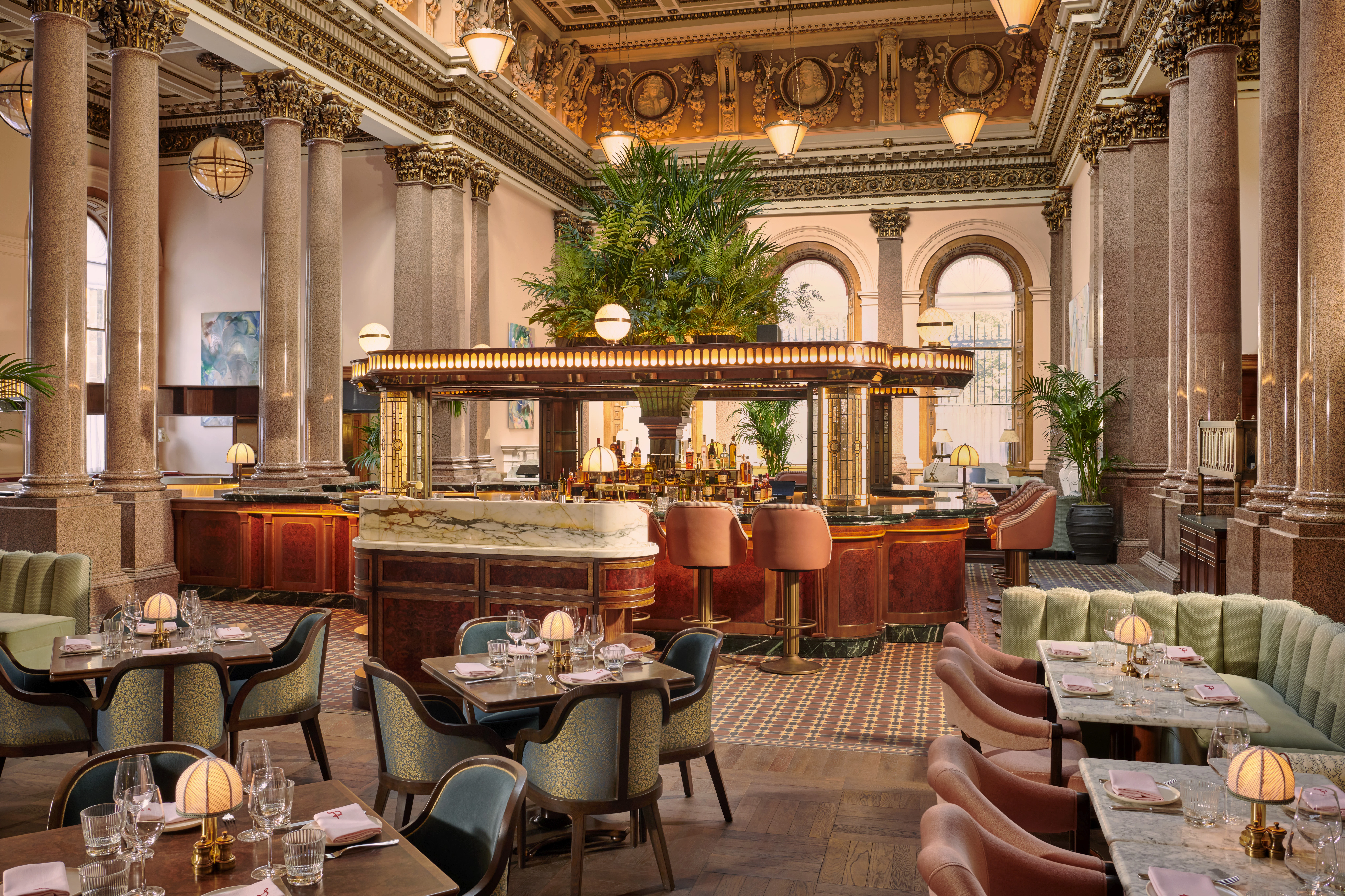 Gleneagles Townhouse's grand dining room, granite columns and gilded ceiling above a marble bar.